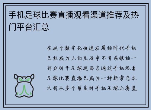 手机足球比赛直播观看渠道推荐及热门平台汇总